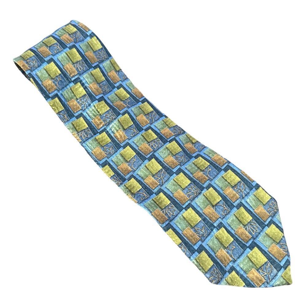 Vintage 90s Ermenegildo Zegna Blue Green Tan Squares 100% Silk Necktie Tie